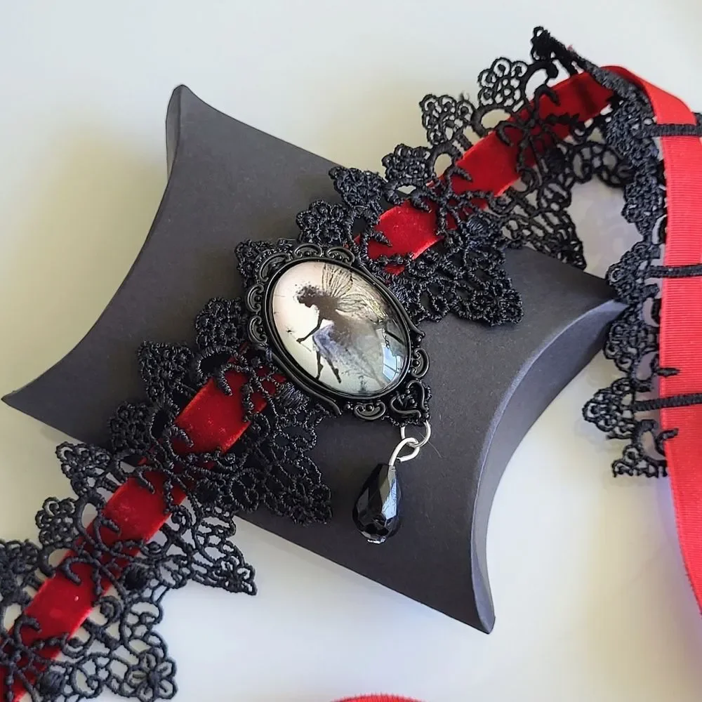 Gothic Fairy Cameo Lace Choker – Black Lace & Red Velvet Ribbon Necklace